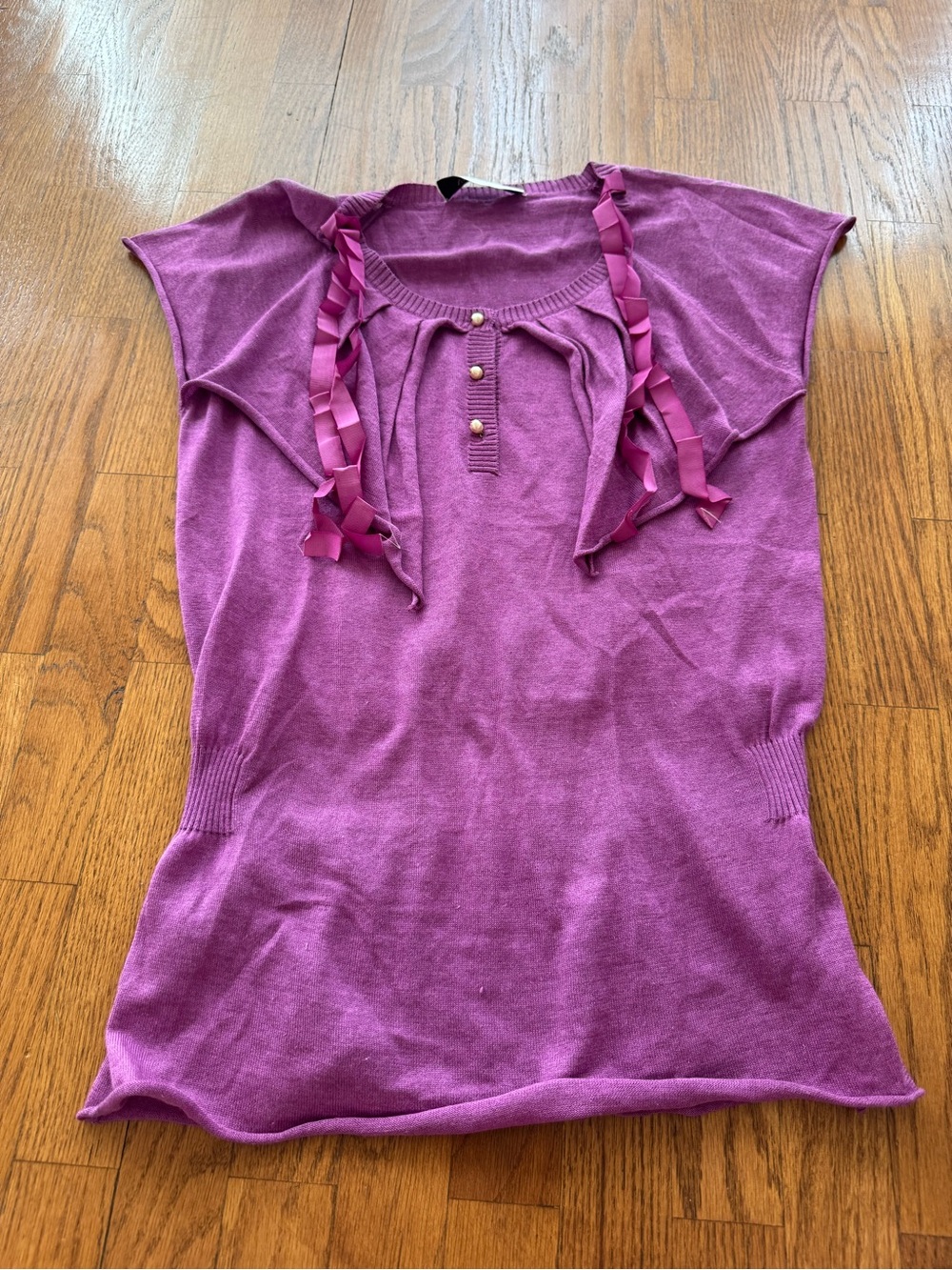 Valentino Ribbon and Button Detail Cap Sleeve Magenta Top